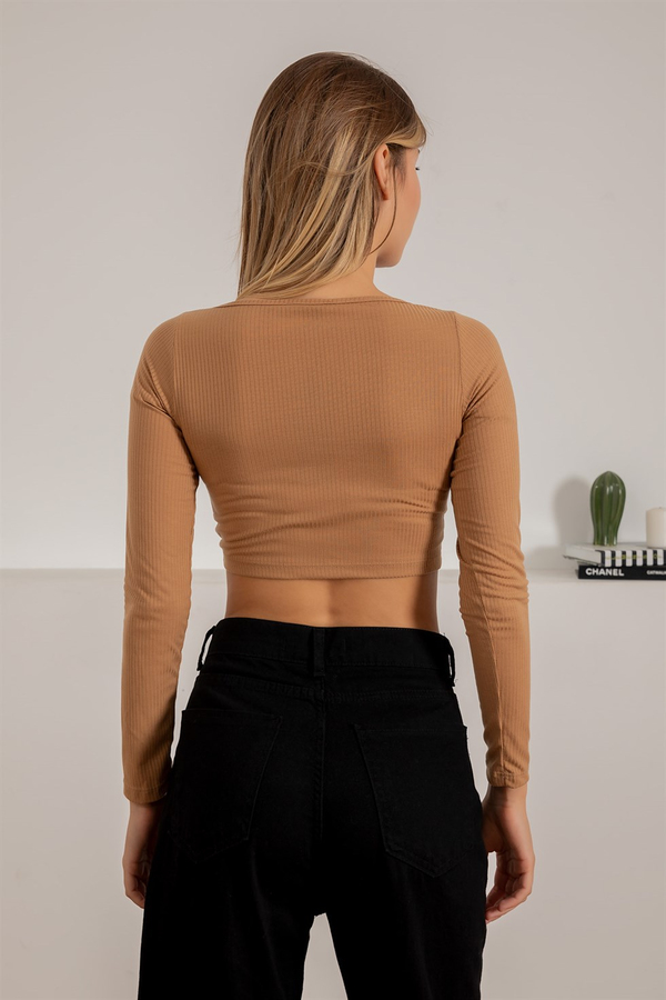Büzgülü Crop Bluz - CAMEL