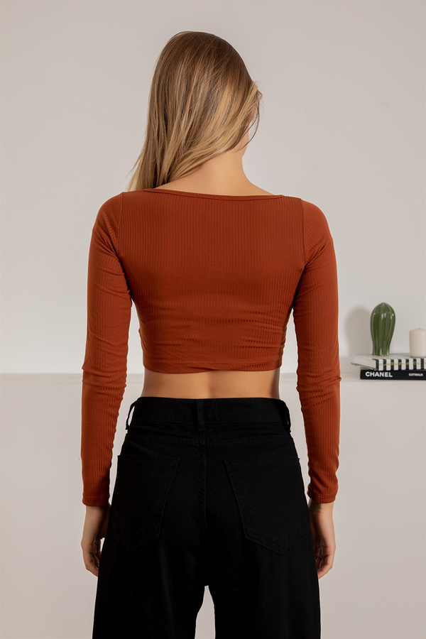 Büzgülü Crop Bluz - KAHVERENGİ