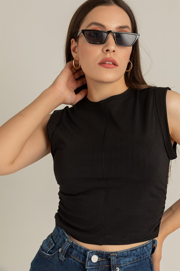 Büzgülü Crop T-Shirt - SİYAH
