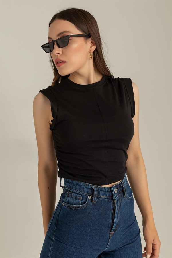 Büzgülü Crop T-Shirt - SİYAH