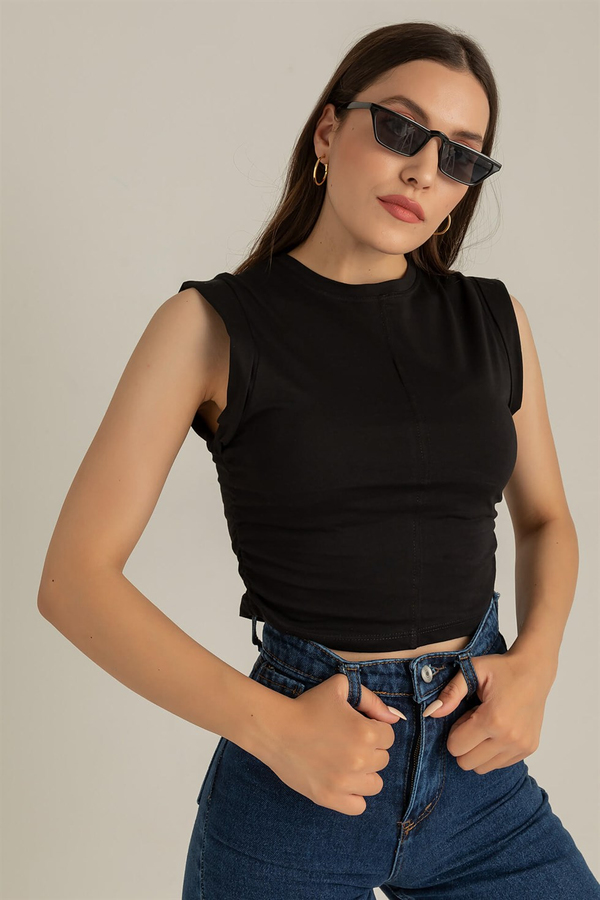 Büzgülü Crop T-Shirt - SİYAH
