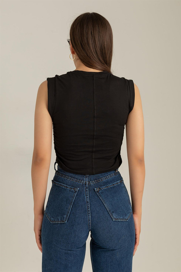 Büzgülü Crop T-Shirt - SİYAH