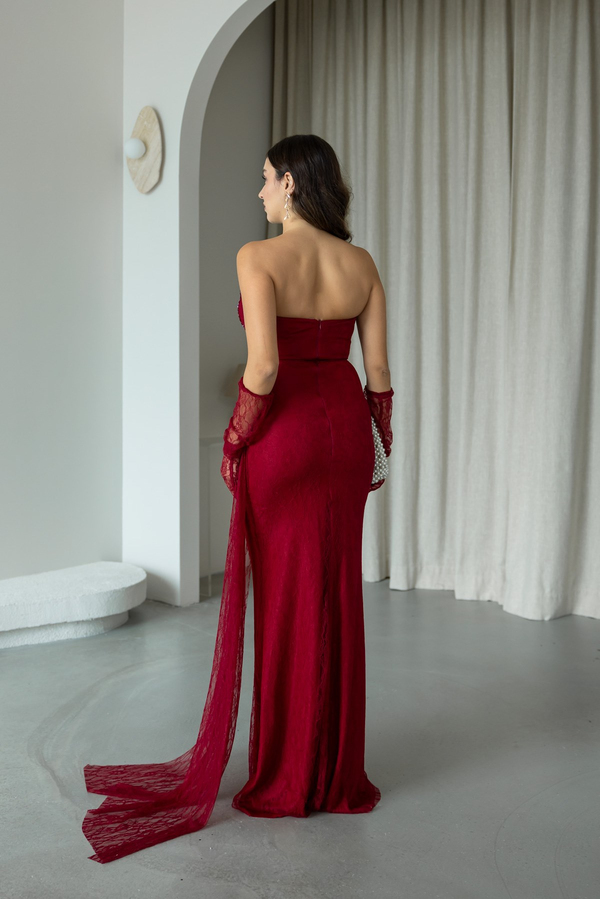 Çapraz Drapeli Taşlı Dantel Abiye - BORDO