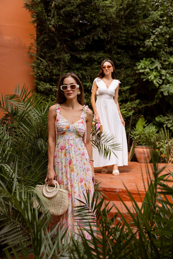 Çiçek Desen Büzgülü Tül Elbise - SARI