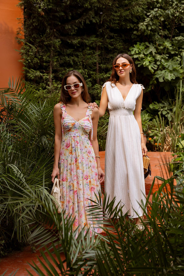 Çiçek Desen Büzgülü Tül Elbise - SARI