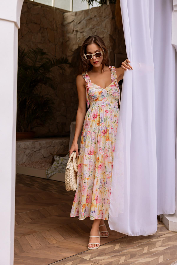 Çiçek Desen Büzgülü Tül Elbise - SARI