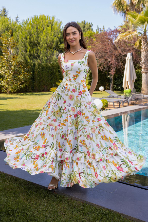 Çiçek Desen Maxi Elbise - EKRU