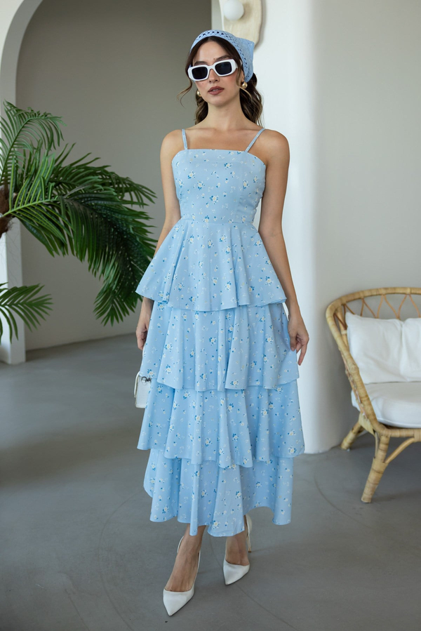 Çiçek Desenli Poplin Elbise - MAVİ