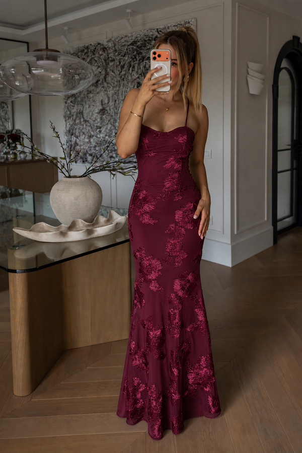 Çiçek Motif Detaylı Elbise - BORDO