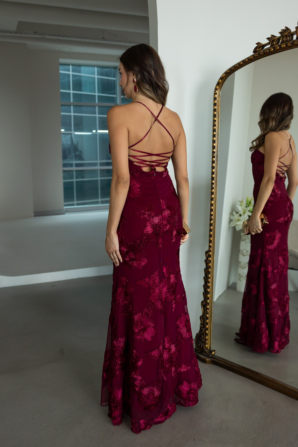 Çiçek Motif Detaylı Elbise - BORDO