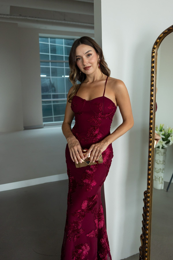 Çiçek Motif Detaylı Elbise - BORDO