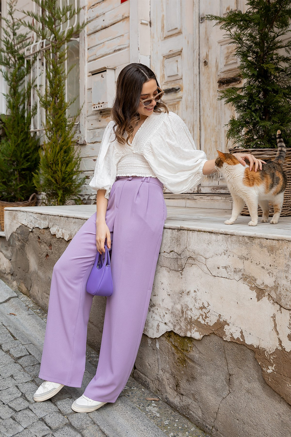 Çift Pileli Bol Paça Pantolon - LİLA