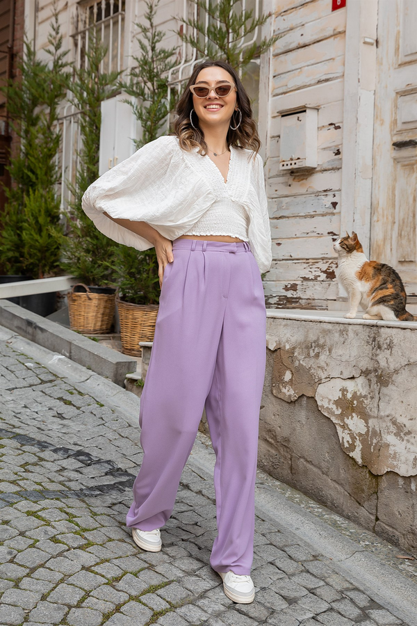 Çift Pileli Bol Paça Pantolon - LİLA
