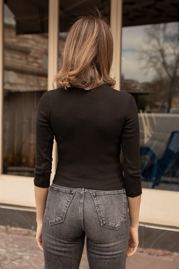 Çıtçıt Düğmeli Crop Bluz - SİYAH