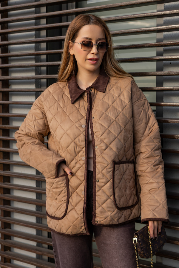 Çıtçıtlı Süet Kapitone Mont - CAMEL