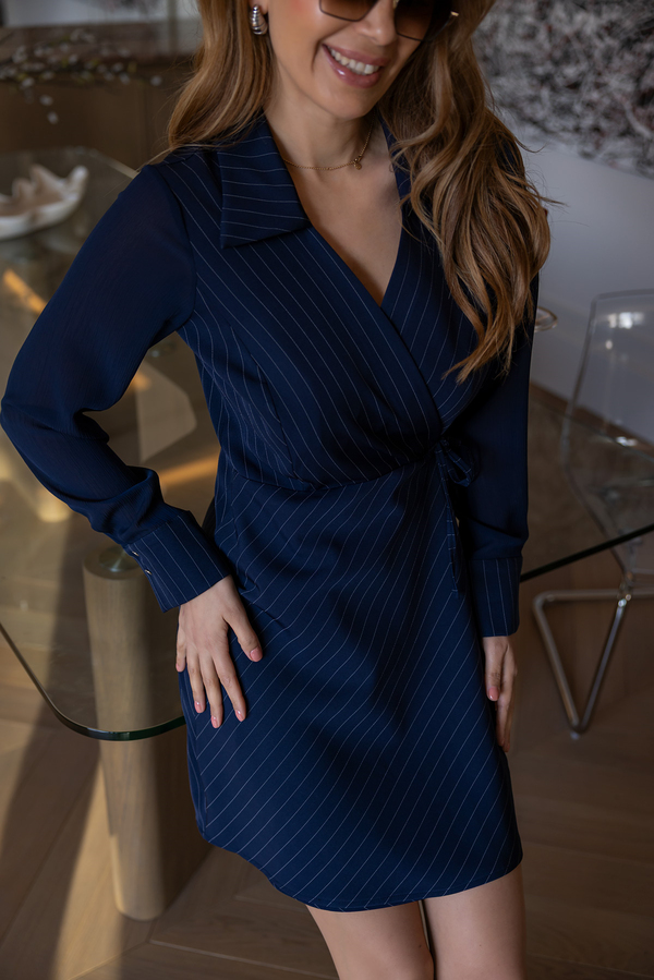 Çizgili Bağlamalı Elbise - LACİVERT