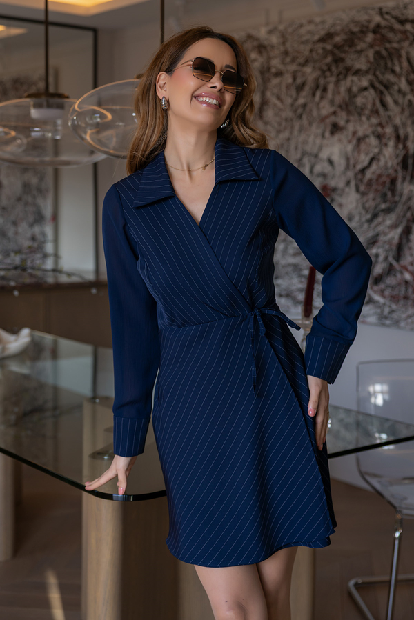 Çizgili Bağlamalı Elbise - LACİVERT