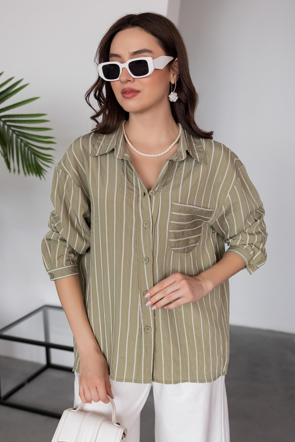 Çizgili Oversize Gömlek - HAKİ