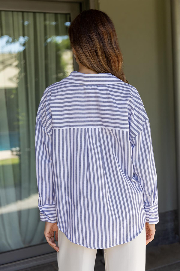 Çizgili Oversize Gömlek - MAVİ