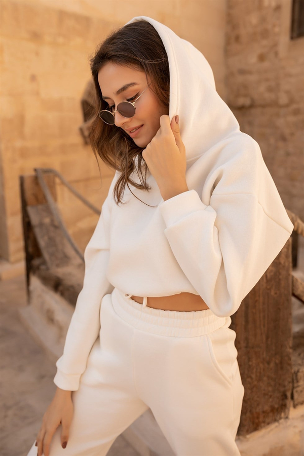 Crop Sweatli Eşofman Takım - BEYAZ