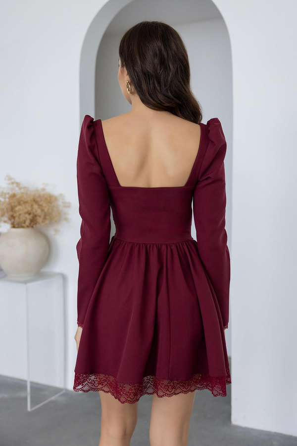 Dantel Detaylı Mini Elbise - BORDO