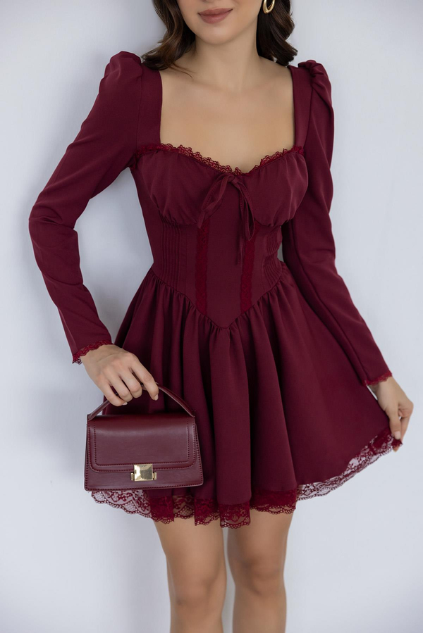 Dantel Detaylı Mini Elbise - BORDO