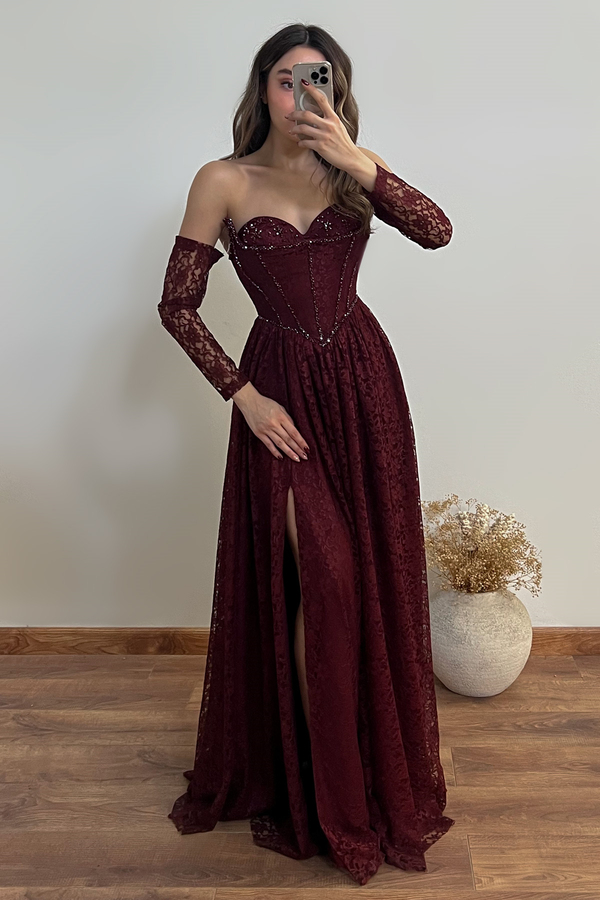 Dantelli Uzun Abiye - BORDO