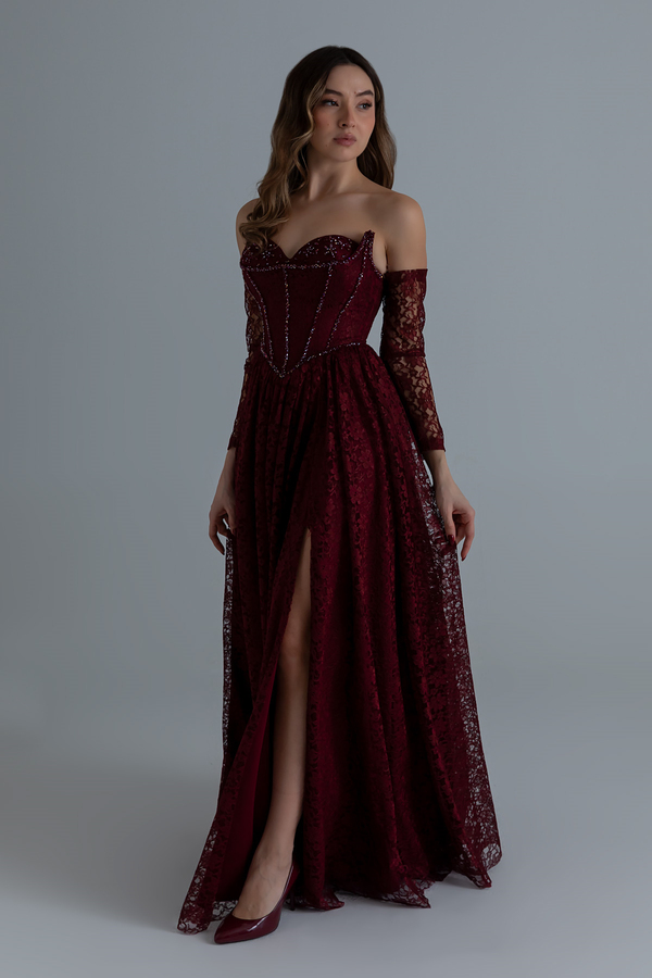 Dantelli Uzun Abiye - BORDO