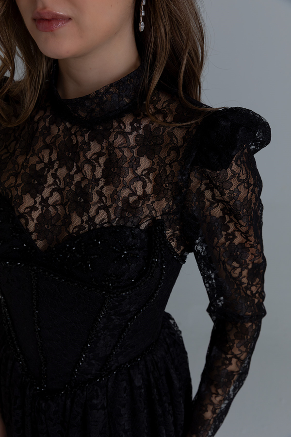 Dantelli Uzun Abiye - SİYAH