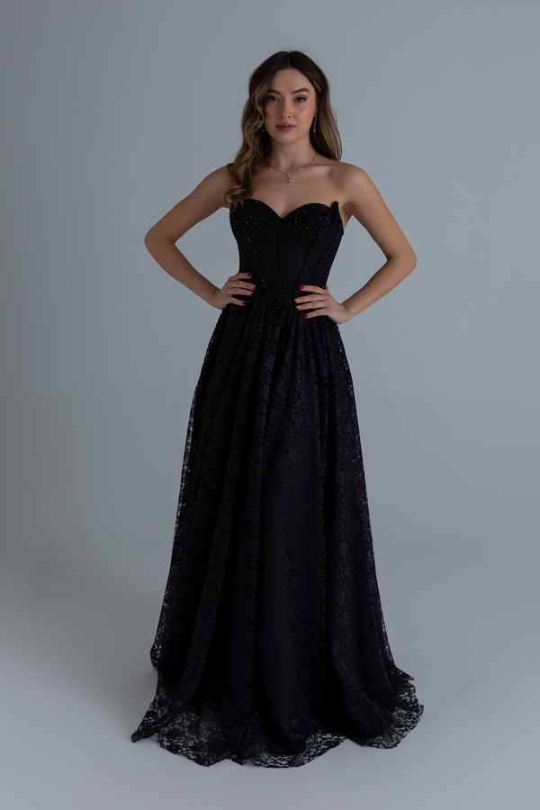 Dantelli Uzun Abiye - SİYAH