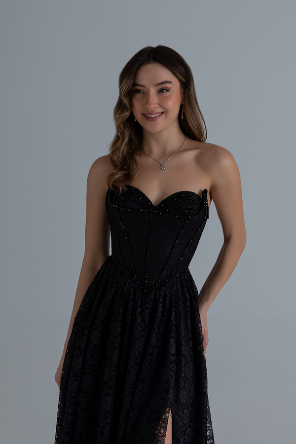 Dantelli Uzun Abiye - SİYAH