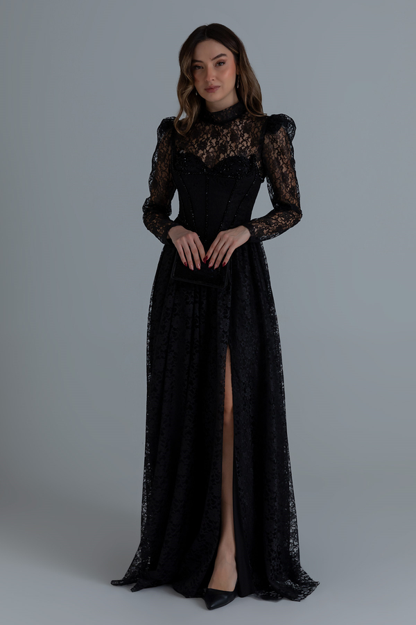 Dantelli Uzun Abiye - SİYAH