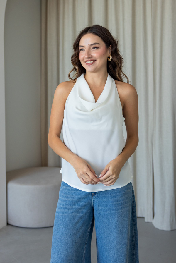 Degaje Yaka Saten Bluz - BEYAZ