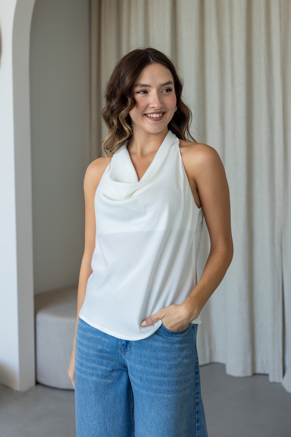 Degaje Yaka Saten Bluz - BEYAZ