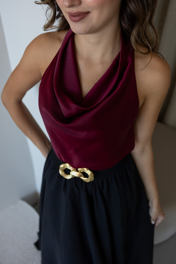 Degaje Yaka Saten Bluz - BORDO