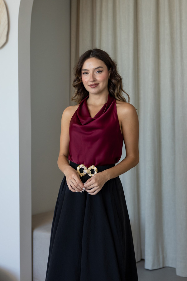 Degaje Yaka Saten Bluz - BORDO