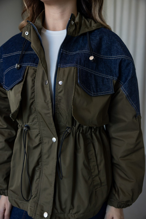 Denim Detay Kapüşonlu Trençkot - HAKİ