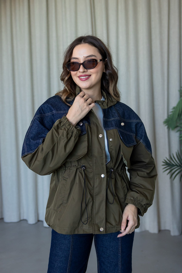 Denim Detay Kapüşonlu Trençkot - HAKİ