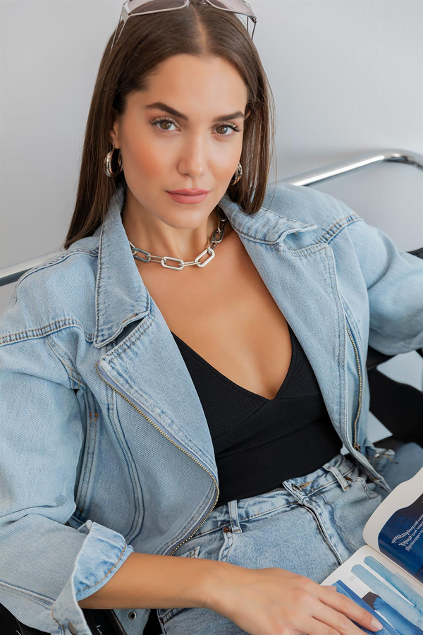 Denim Fermuarlı Ceket - MAVİ