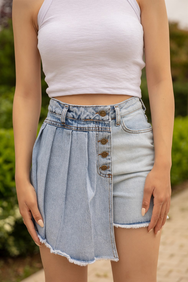 Denim Şort Etek - BUZ MAVİ