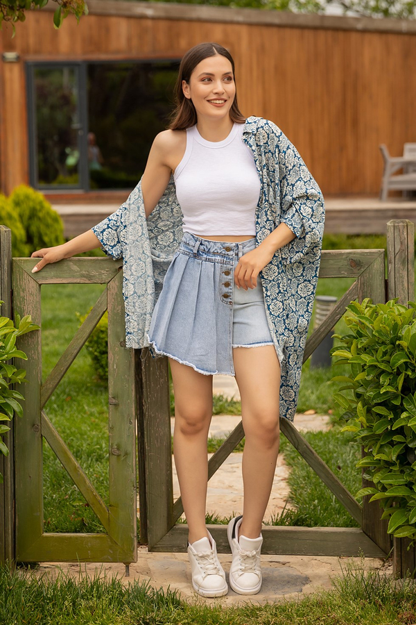 Denim Şort Etek - BUZ MAVİ