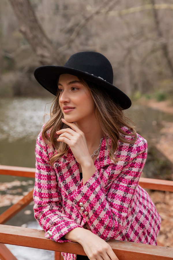 Desenli Gümüş Düğmeli Ceket - PEMBE