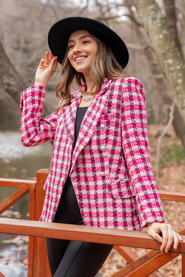 Desenli Gümüş Düğmeli Ceket - PEMBE