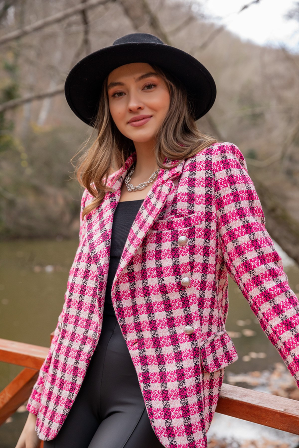 Desenli Gümüş Düğmeli Ceket - PEMBE
