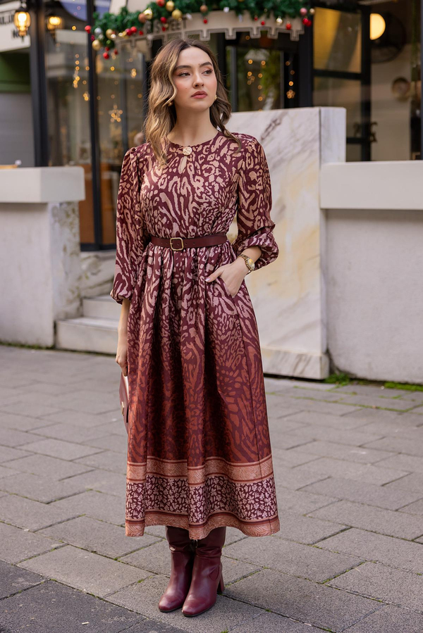 Desenli Kemerli Elbise - BORDO