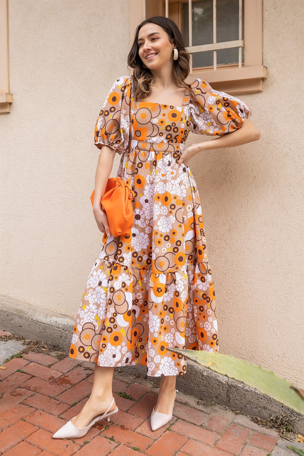 Desenli Poplin Elbise - CAMEL