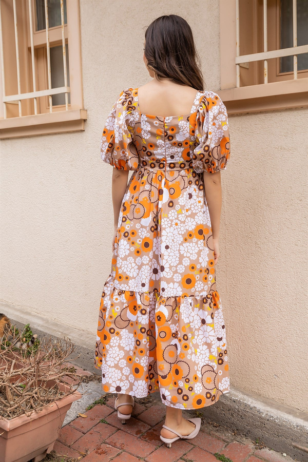 Desenli Poplin Elbise - CAMEL