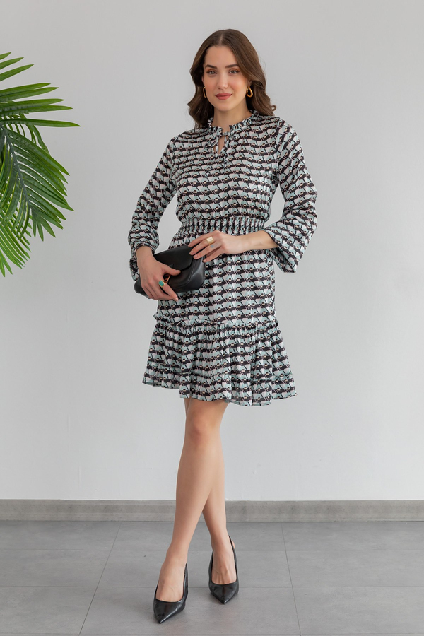 Desenli Saten Mini Elbise - MİNT YEŞİL