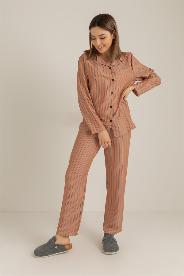 Dik Şeritli Pijama Takımı - GÜL KURUSU