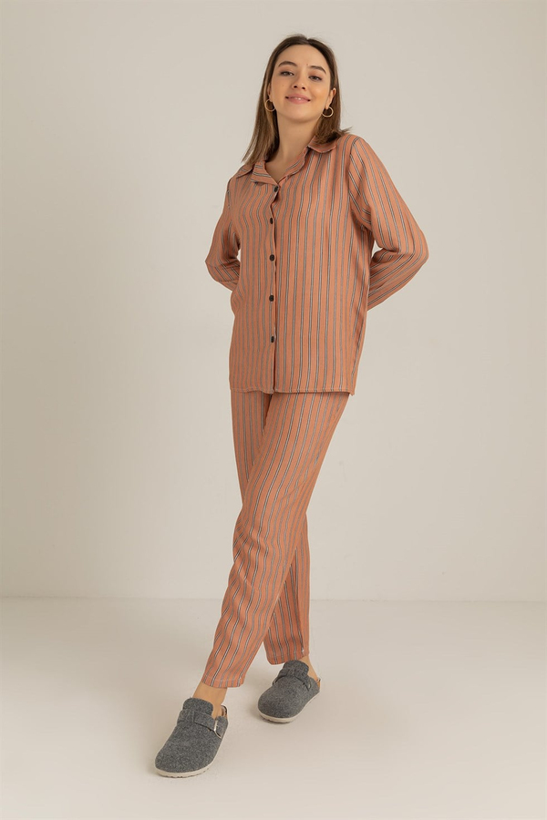 Dik Şeritli Pijama Takımı - GÜL KURUSU